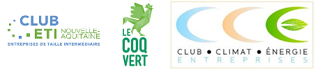 Logos combinés du club des ETI Nouvelle Aquitaine, le coq vert et le club climat énergie entreprises