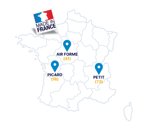 Carte de France détaillant l’emplacement stratégique de nos sites de production, illustrant la répartition nationale de notre réseau de fabrication et notre engagement envers la proximité logistique.